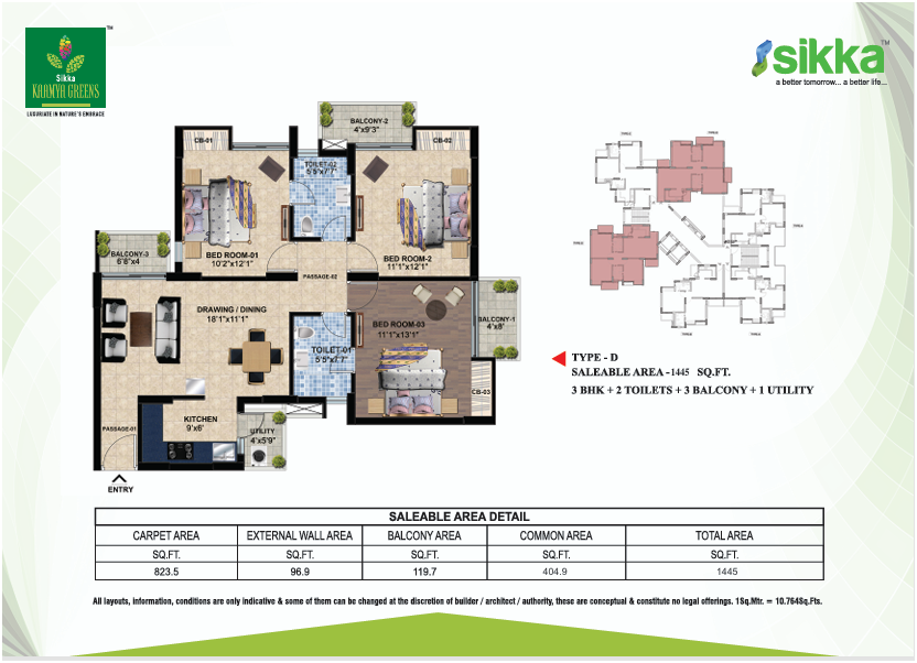 3 BHK + Servant 1595 sq.ft. Floor Plan